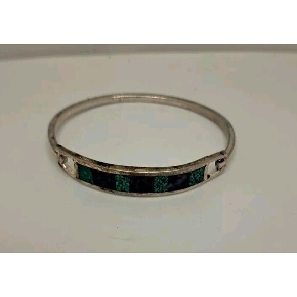 Vtg Silver Tone Cuff Bracelet Natural Stone Inlay Checkered Purple & Green - Picture 4 of 6